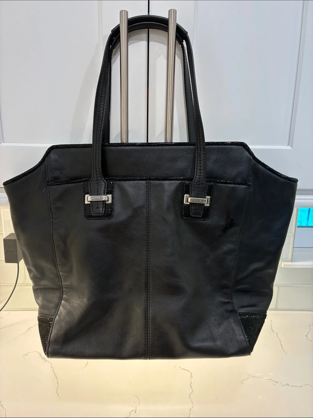 Coach Black Leather Tote with Gold-Tone Hardware